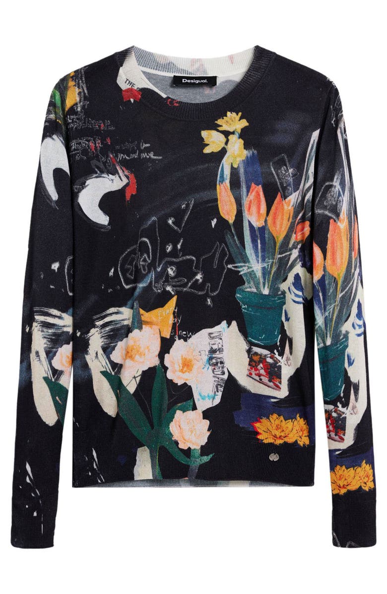 Desigual Floral Fine Gauge Crewneck Sweater, Alternate, color, Black