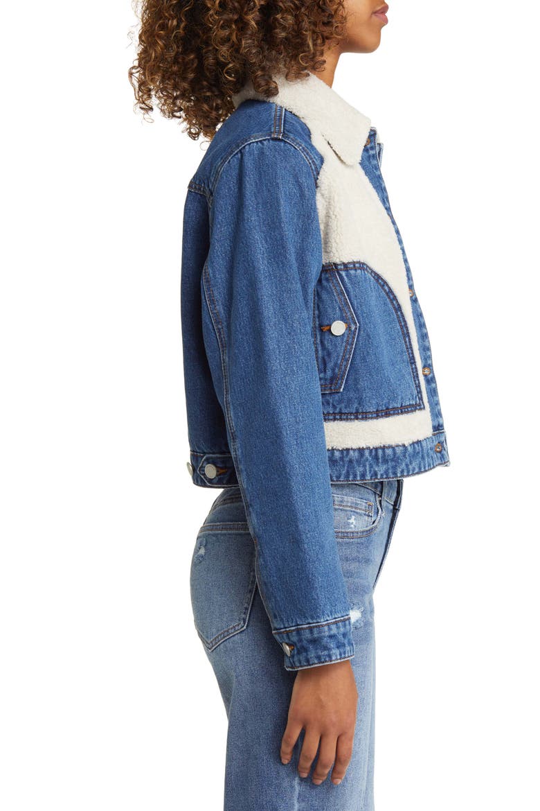 Crop Denim & Faux Shearling Jacket, Alternate, color, WHITE CLOUD