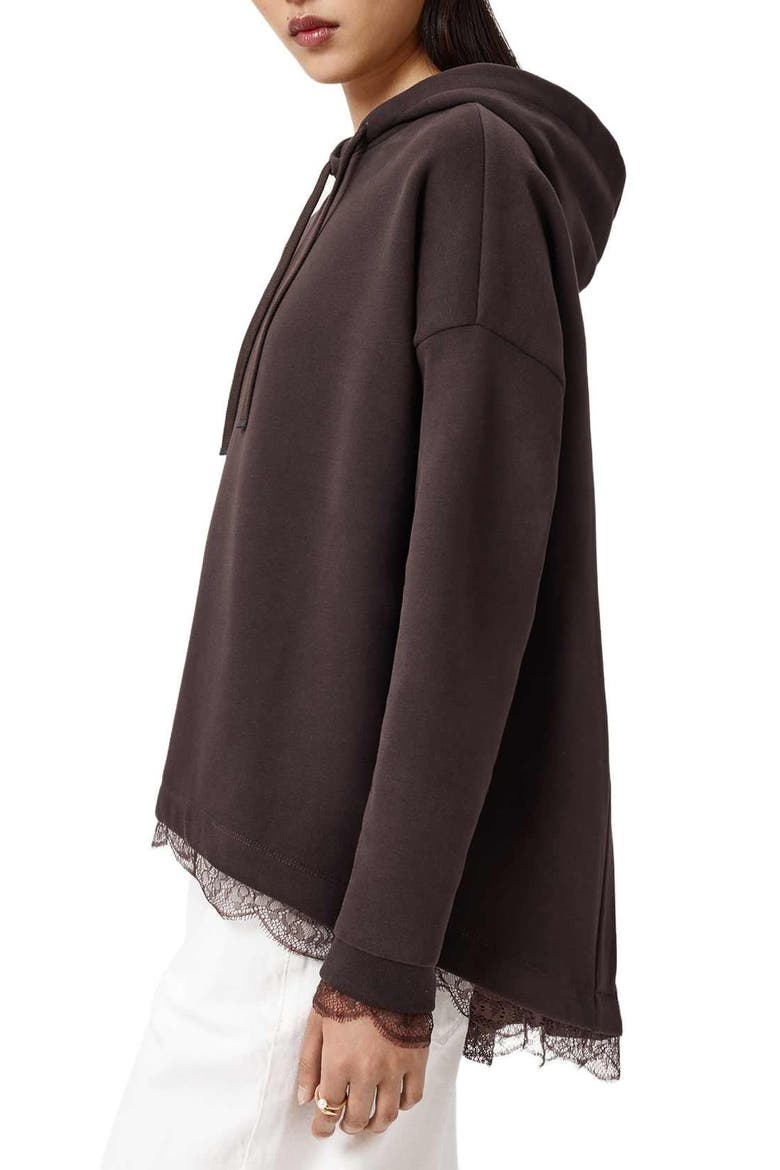 Nia Lace High-Low Hoodie, Alternate, color, BOTTLE BROWN