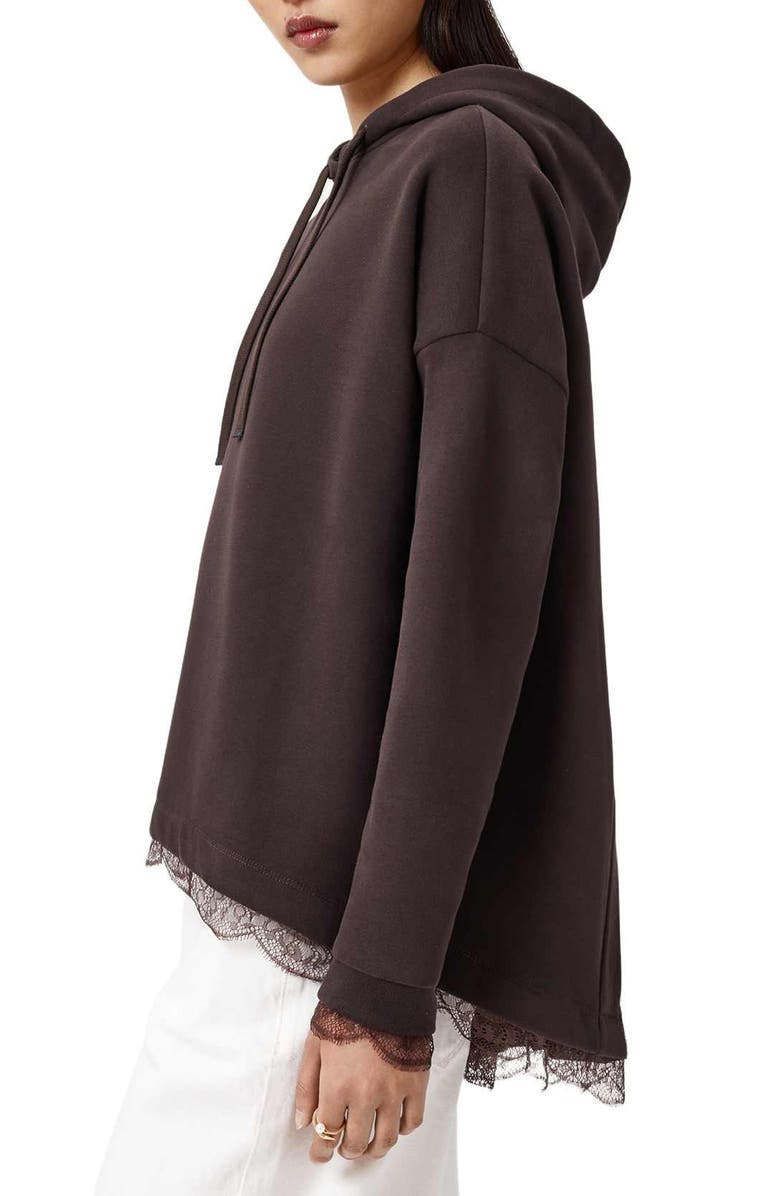 AllSaints Nia Lace High-Low Hoodie, Alternate, color, Bottle Brown