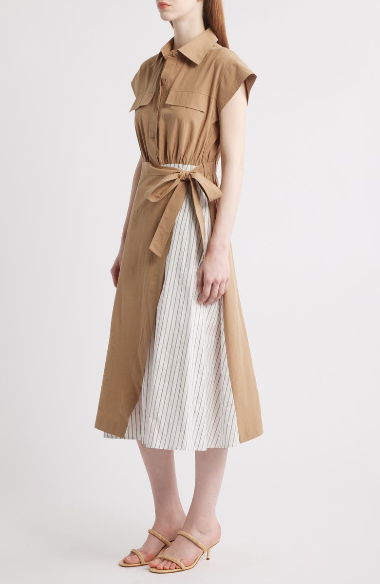 ZOE AND CLAIRE Mixed Media Tie Waist Midi Shirtdress, Alternate, color, Khaki