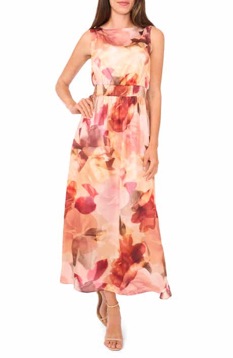 Halogen® Blurred Floral Smocked Waist Maxi Dress