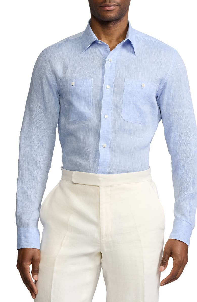 Ralph Lauren Purple Label Linen Chambray Button-Up Shirt, Main, color, Light Blue