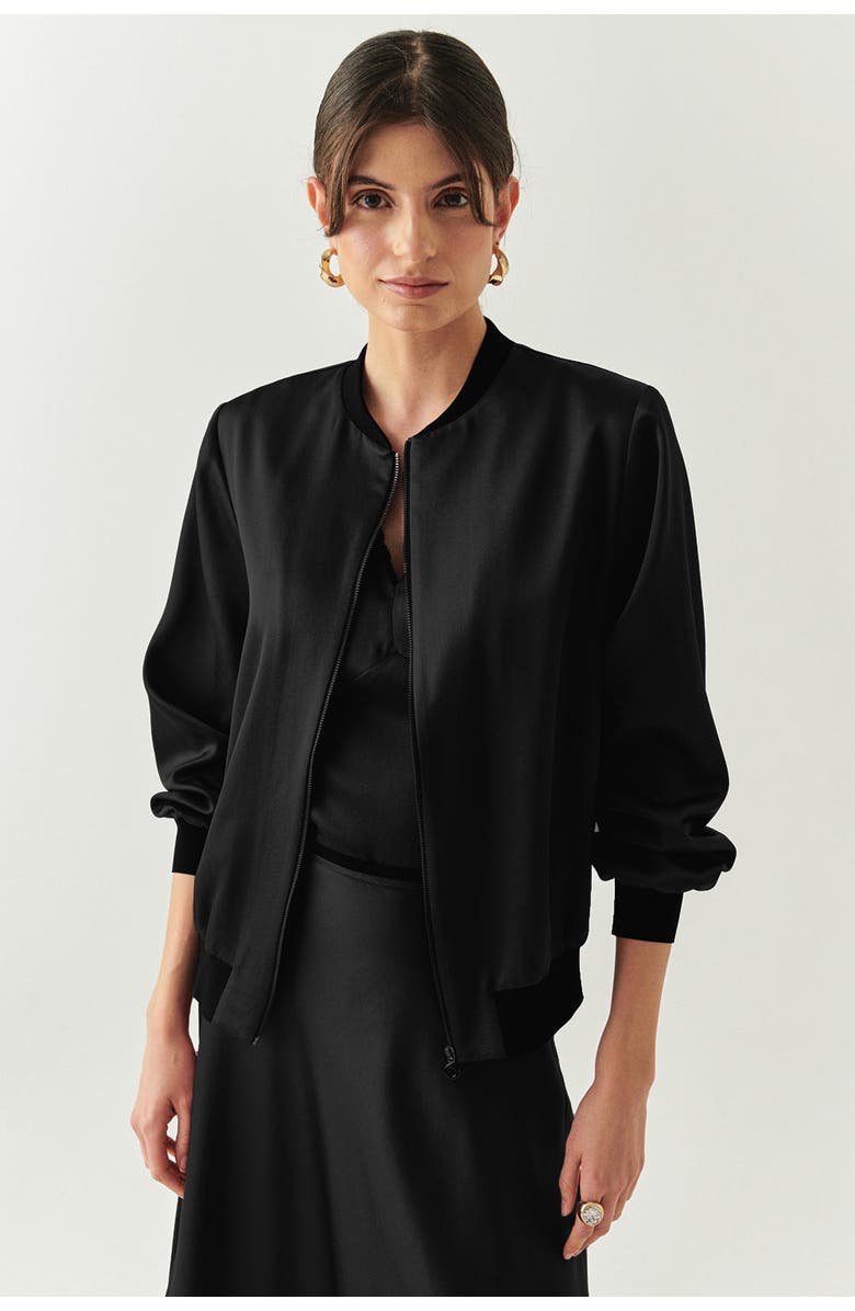 Exquise Lacey Satin Bomber Jacket, Main, color, Black