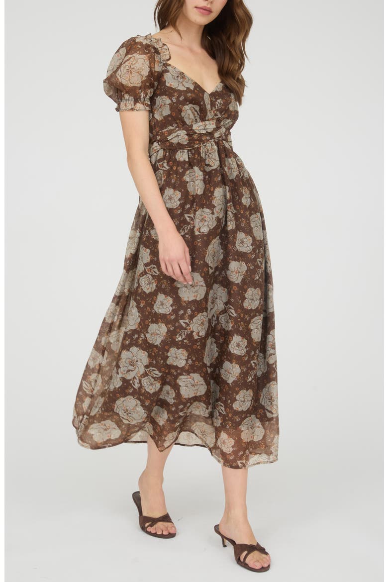 Puff Sleeve Midi Dress, Alternate, color, BROWN MULTI