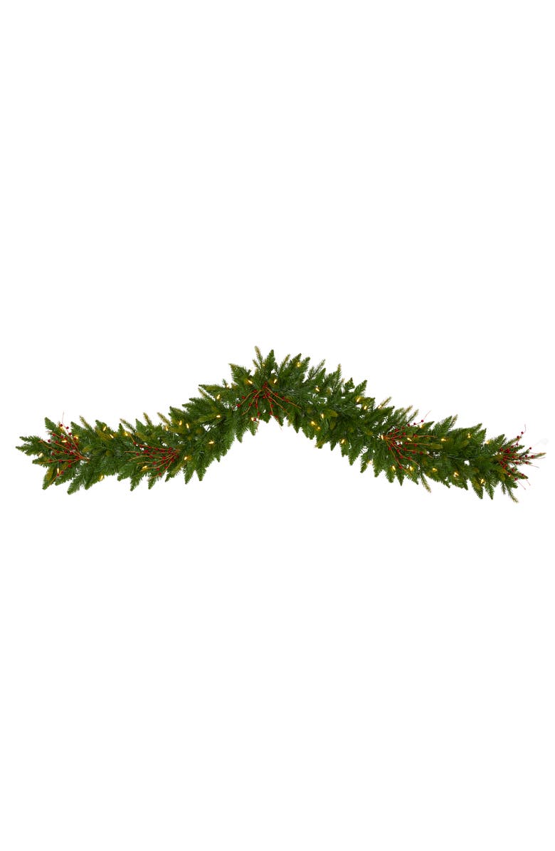 NEARLY NATURAL 6-ft Christmas Pine Artificial Garland with 50 Warm White LED Lights and Berries, Main, color, Green