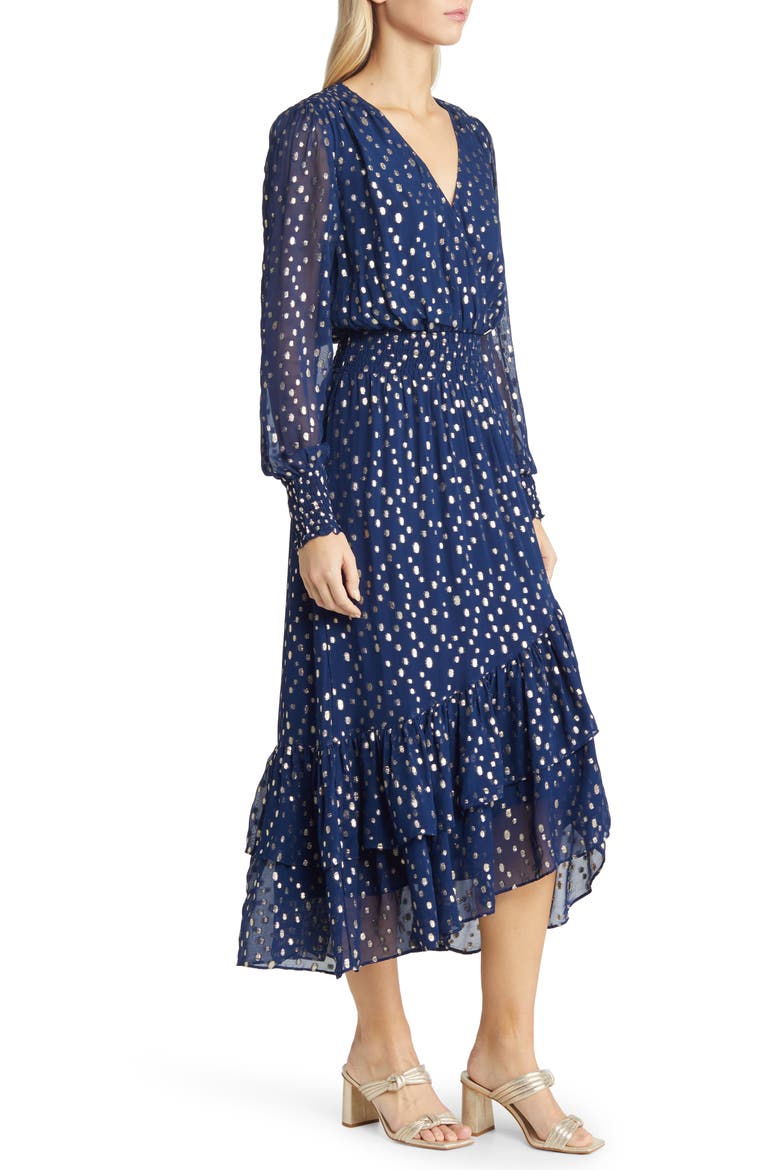 Cristiana Long Sleeve Chiffon Midi Dress, Alternate, color, LOW TIDE NAVY VISCOSE METALLIC