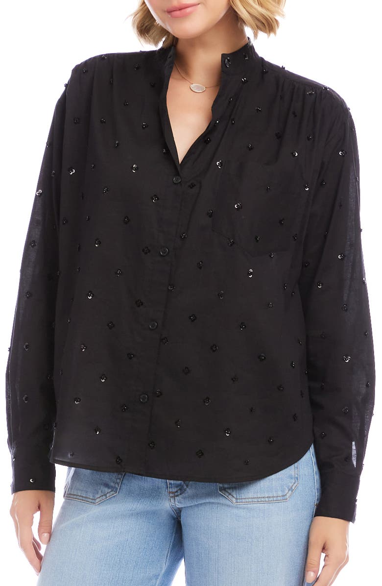 Karen Kane Floral Embellished Button-Up Shirt, Alternate, color, Black