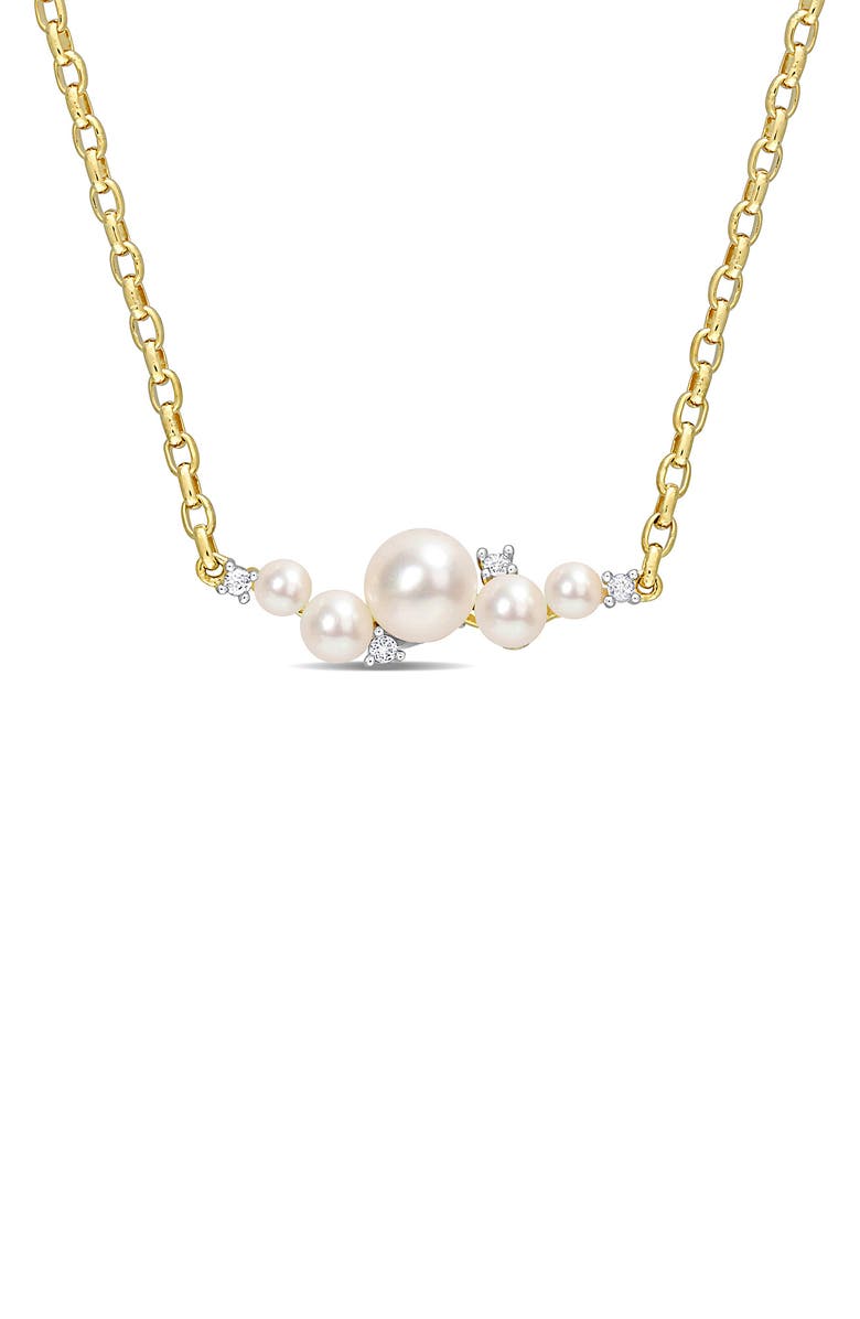 DELMAR Goldtone Plate Sterling Silver 6-6.5mm Freshwater Pearl & White Topaz Bar Pendant Necklace, Main, color, 