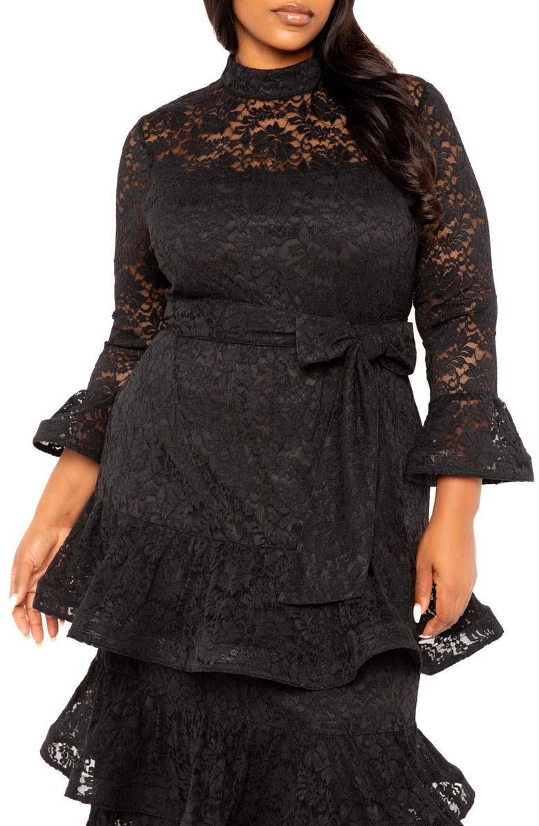 BUXOM COUTURE Tiered Lace Long Sleeve Maxi Dress, Alternate, color, Black