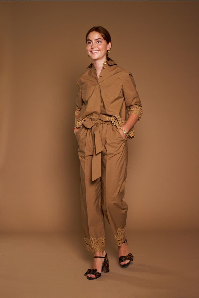 Embroidered Cotton Trousers With Belt, Alternate, color, Tobacco