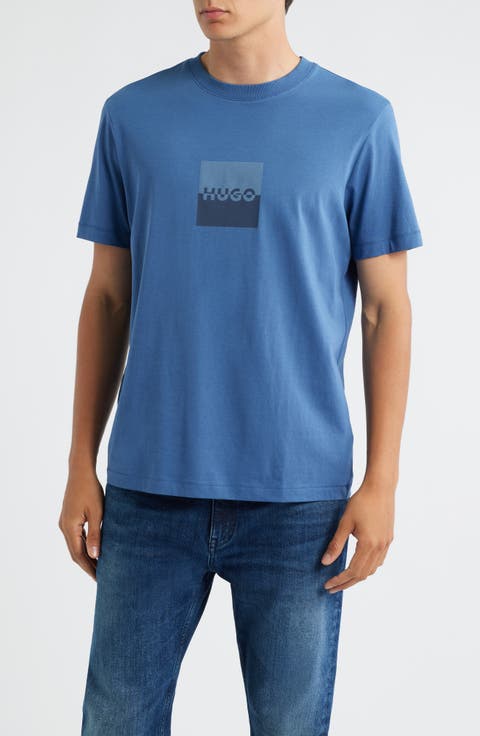 Tシャツ・カットソー HUGO Men T-shirt Blue 50467556 405 BOSS - Stretch-cotton T-shirt with tape trims - Blue
