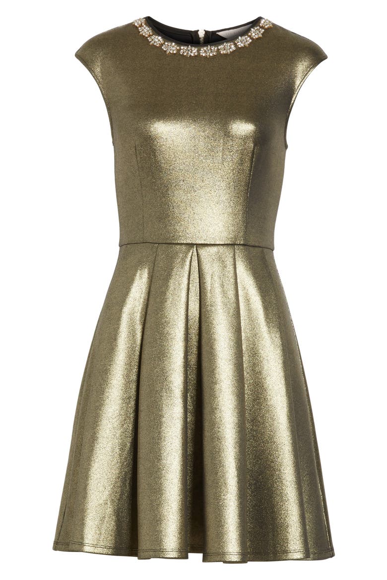 Ayma Embellished Metallic Fit & Flare Dress, Alternate, color, BRONZE