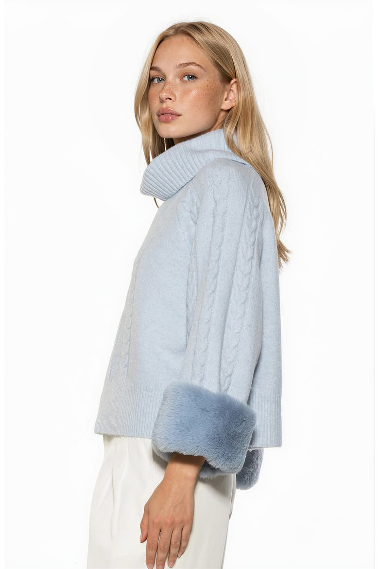 Sarah Faux Fur Cuff Cable Knit Sweater, Alternate, color, ICE BLUE