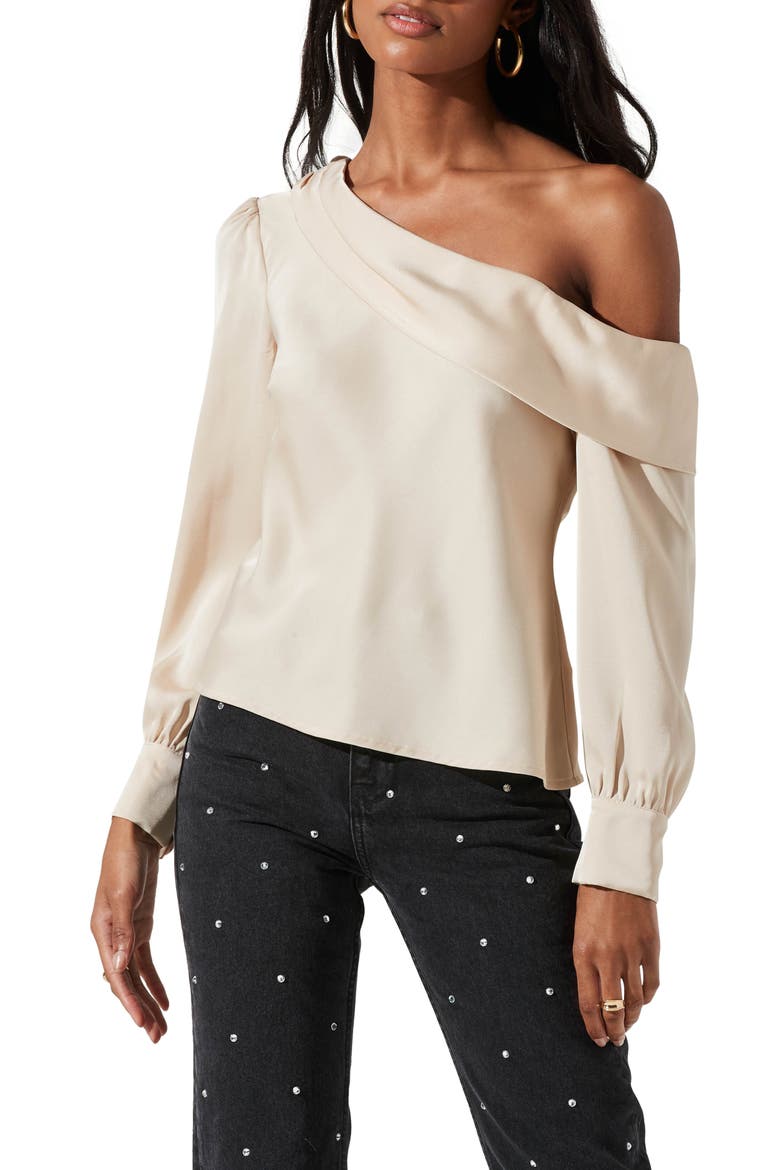 One-Shoulder Satin Long Sleeve Top, Main, color, CHAMPAGNE