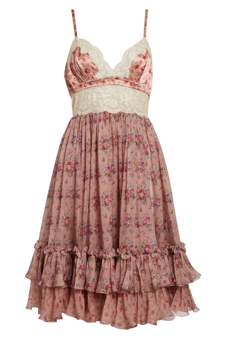Floral Bouquet Print Satin, Chiffon & Lace Dress, Alternate, color, MAZZOLINI FIORI FROS