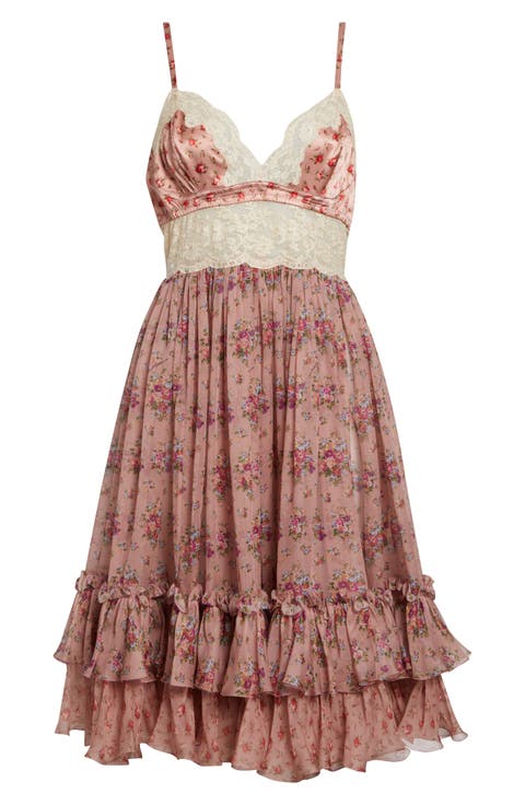 Floral Bouquet Print Satin, Chiffon & Lace Dress