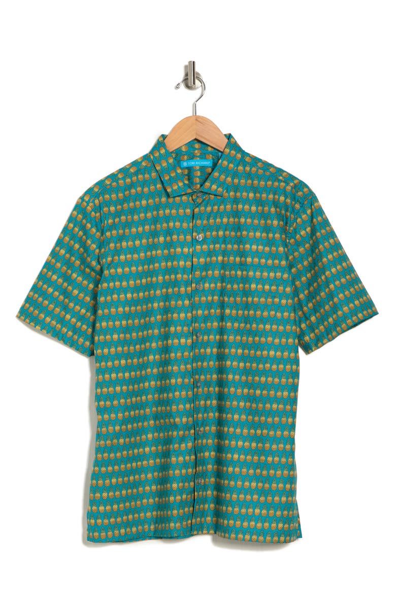 Tori Richard Hala Kahiki Pineapple Print Cotton Short Sleeve Button-Up Shirt, Alternate, color,