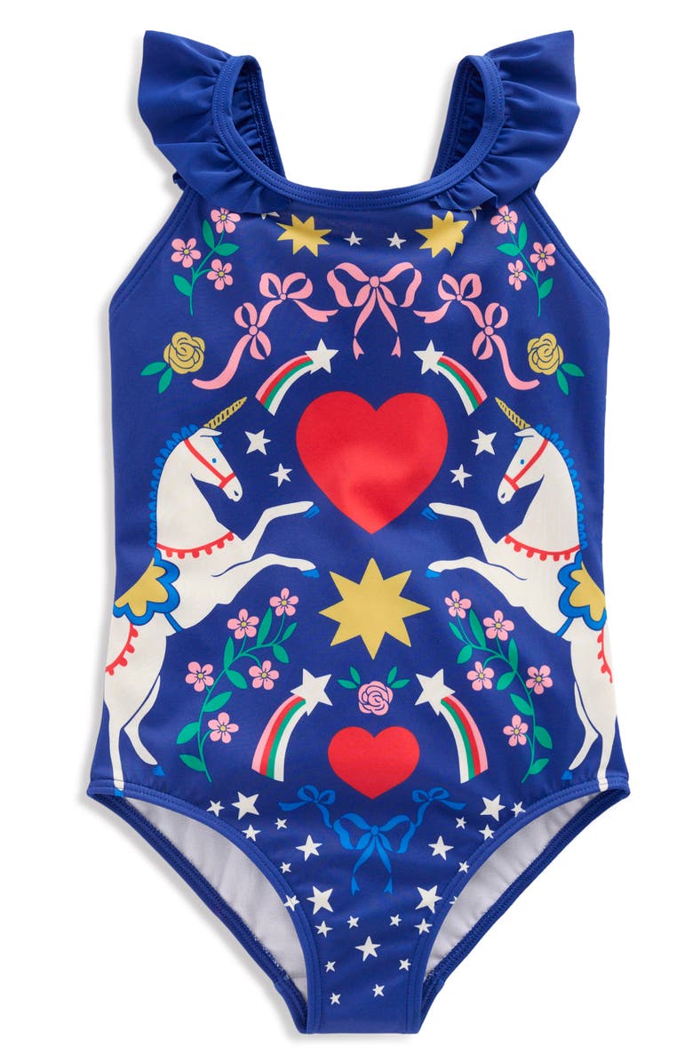 Mini Boden Kids' Hallie Ruffle One-Piece Swimsuit, Main, color, Sapphire Blue Unicorn