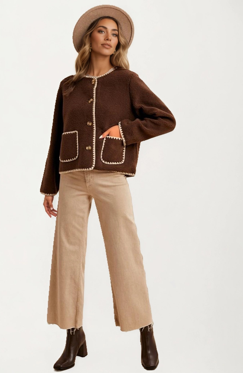 Knit and Lounge Button Front Contrast Trim Fleece Jacket, Alternate, color, Brown