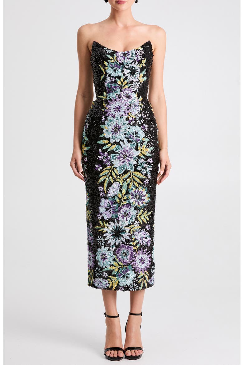 Alessandra Sequin Strapless Gown, Main, color, BLACK MULTI FLORAL