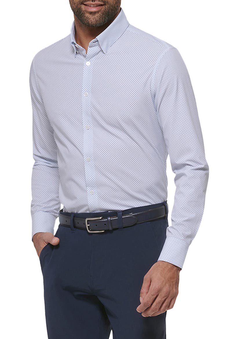 Leeward Microprint Stretch Performance Button-Down Shirt, Main, color, WHITE PLUS PRINT