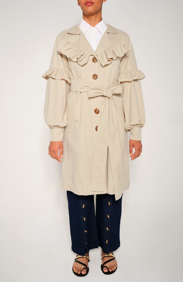 The Lulo Project Eagle Ruffle Detail Trench Coat, Main, color, Arena 16
