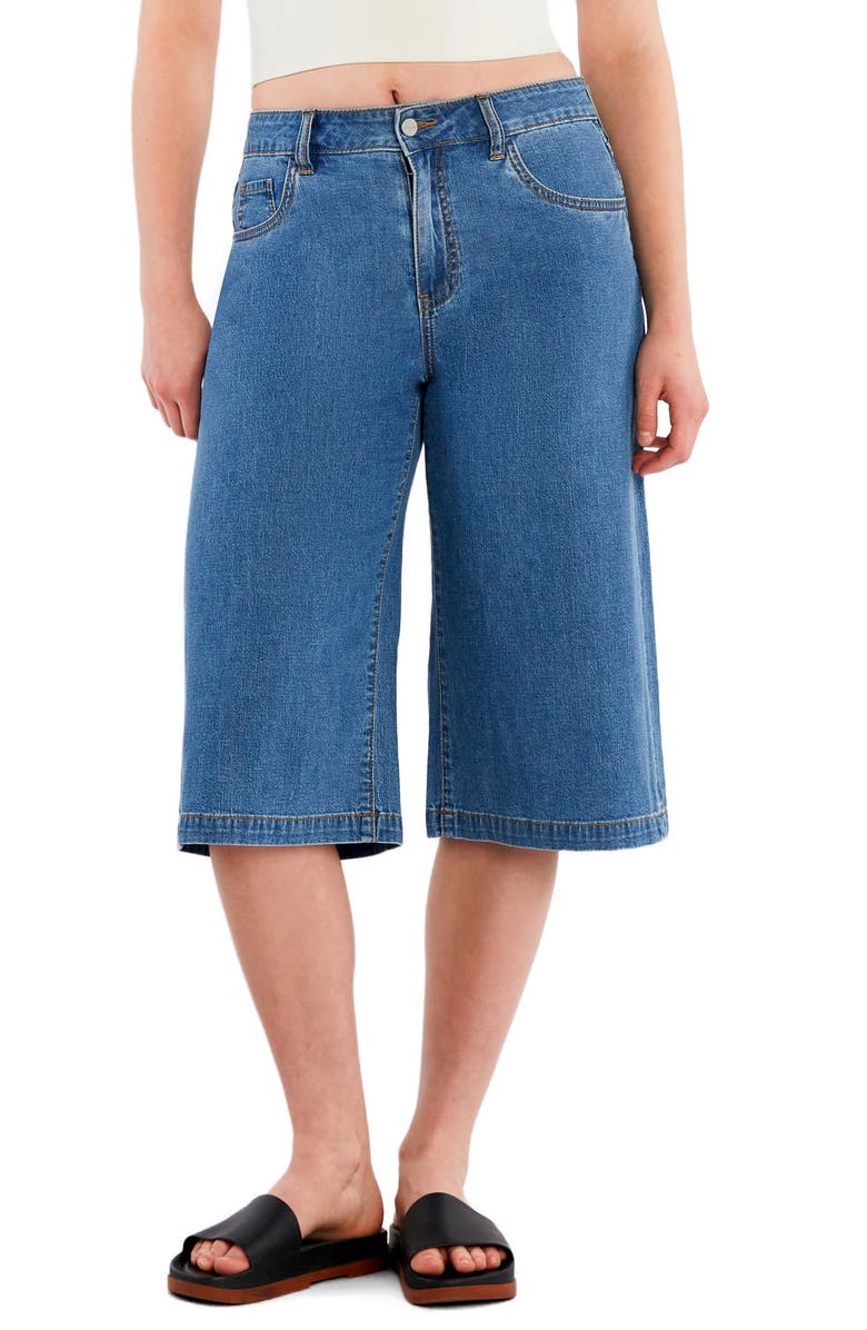 HINT OF BLU Mid Rise Relaxed Long Denim Shorts, Main, color, Pure Denim