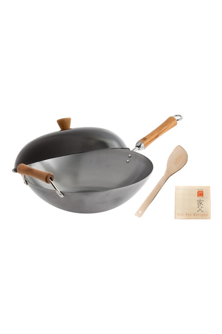 Uncoated Carbon Steel Flat Bottom Wok Set with Lid and Birch Handles, 4 Pieces, Alternate, color, SILVER