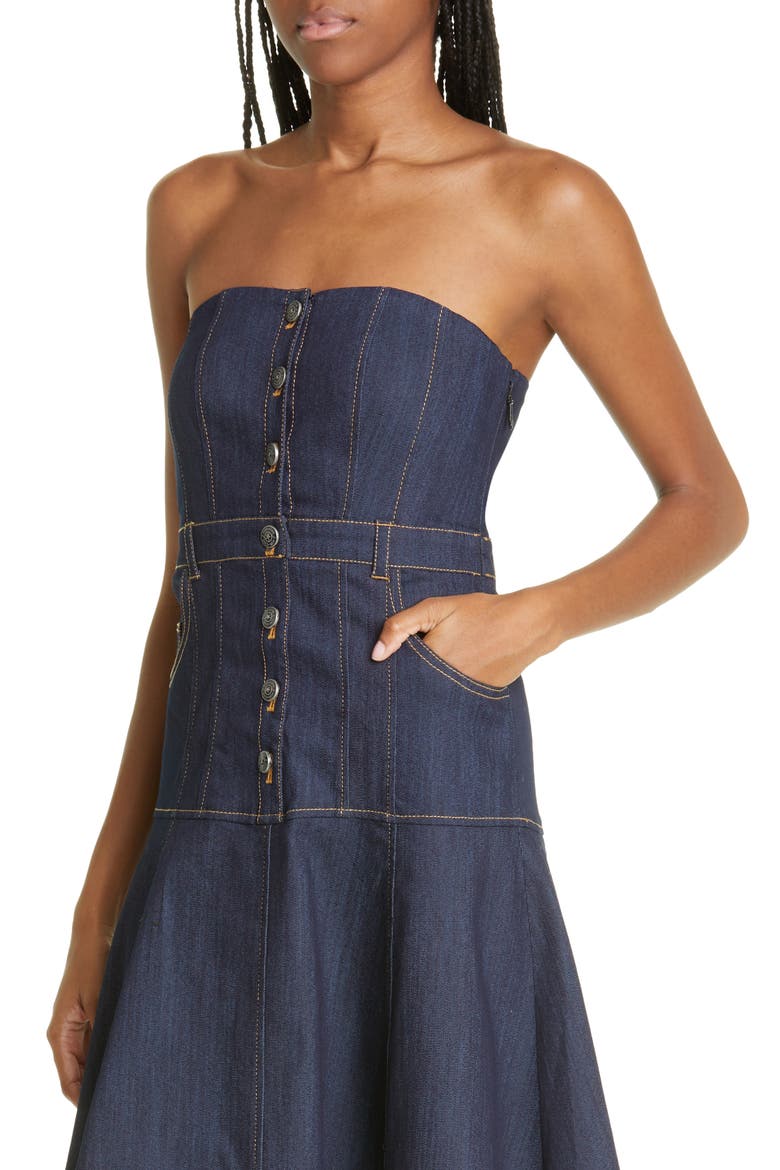 Veena Strapless Denim Midi Dress, Alternate, color, INDIGO