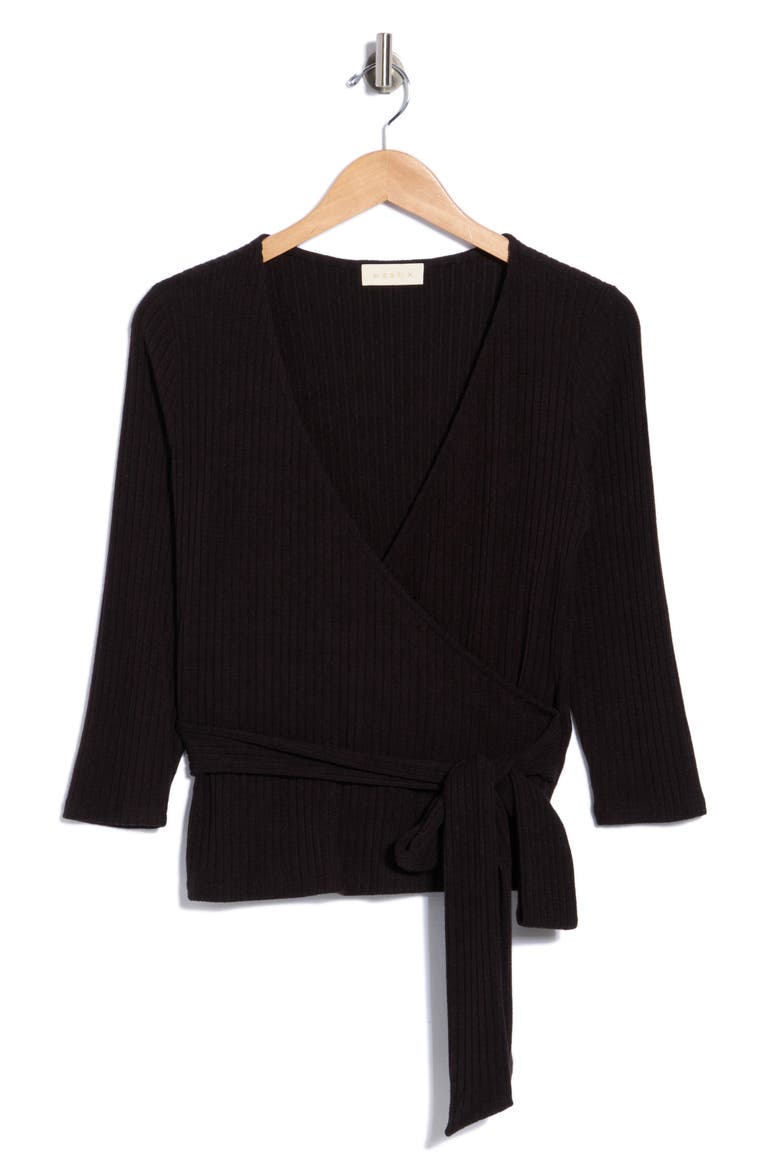 Ribbed Knit Wrap Top, Alternate, color, BLACK