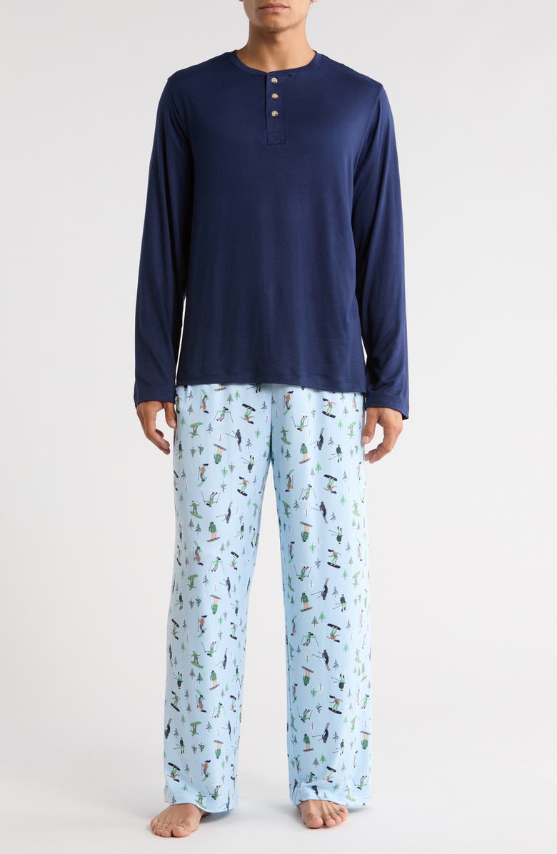 Pillow Talk Matching Family Ski Days Henley Pajamas, Main, color, Blue Ski Days