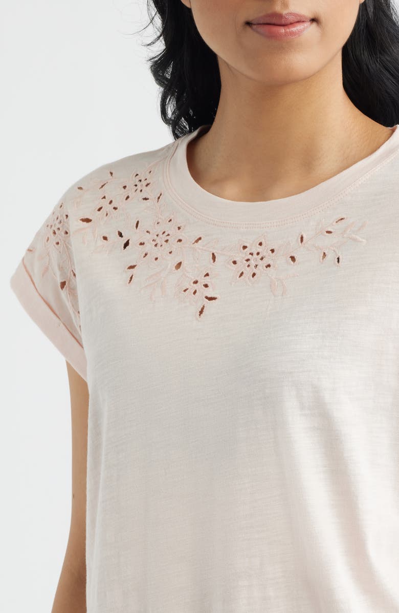 Wit & Wisdom Embroidered Eyelet Cap Sleeve T-Shirt, Alternate, color, Angel Pink
