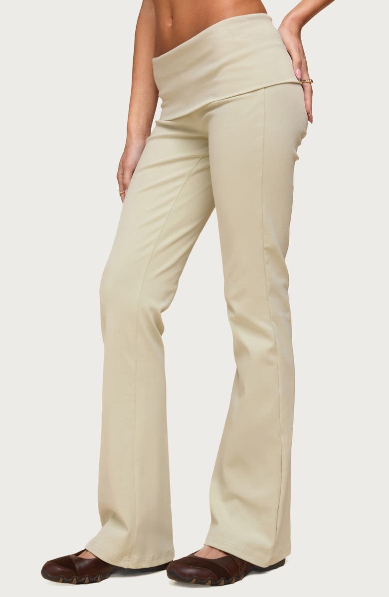 EDIKTED Ivanne Foldover Stretch Cotton Flare Pants, Alternate, color, Sage
