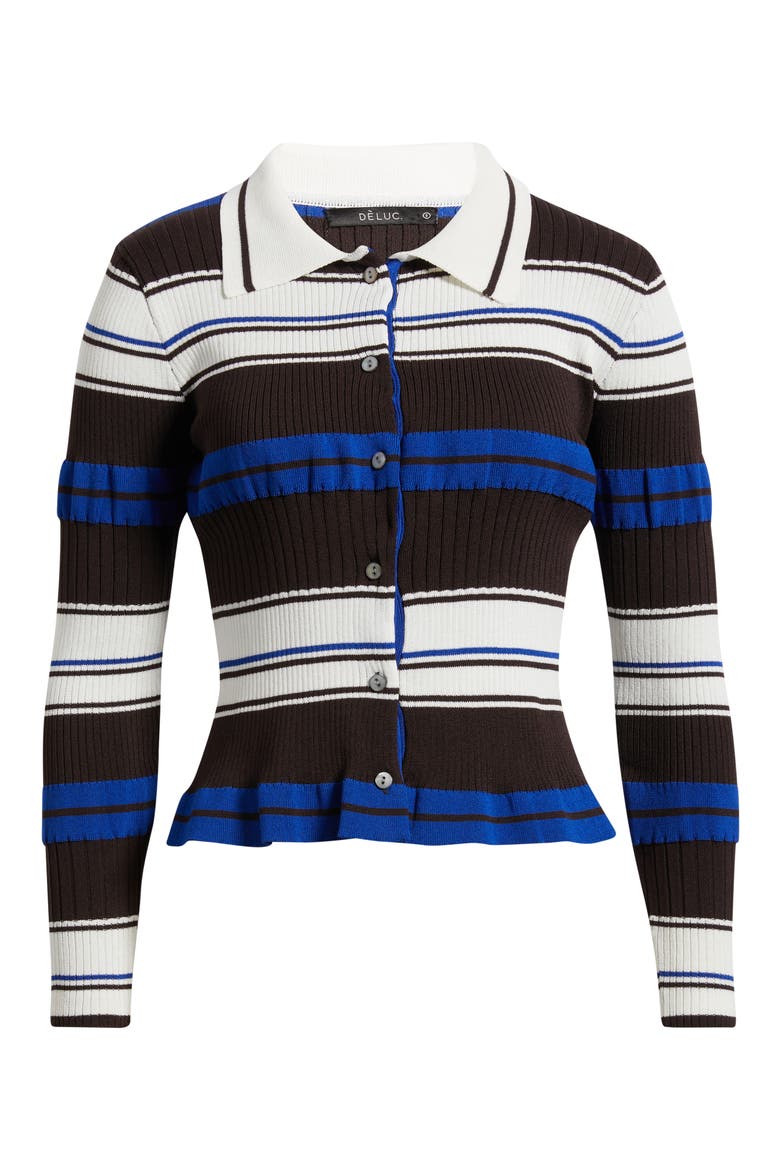 Patti Stripe Polo Cardigan, Alternate, color, CHOCOLATE W/ ECRU BLUE STRIPES