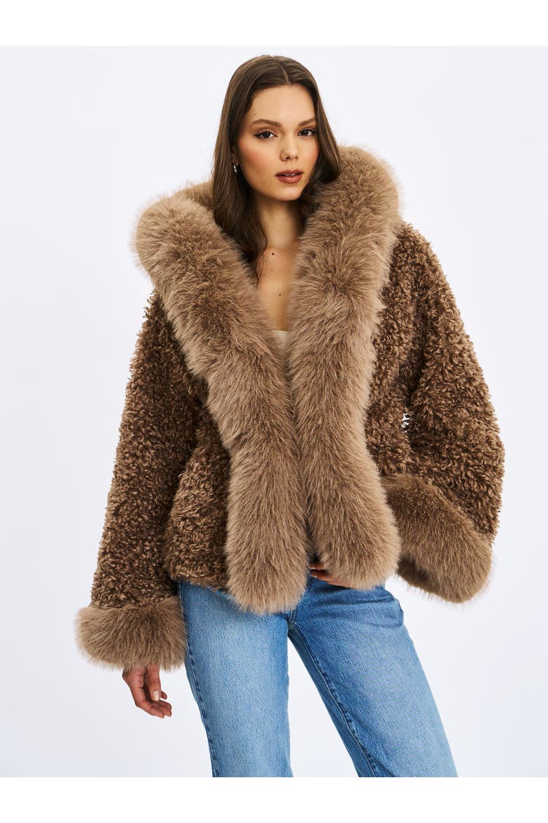Faux Shearling Fur Jumbo Kali Hooded Coat, Alternate, color, Brown