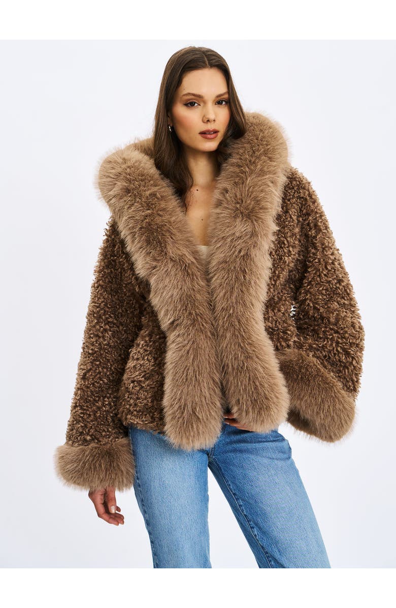 Miss Circle Faux Shearling Fur Jumbo Kali Hooded Coat, Alternate, color, Brown