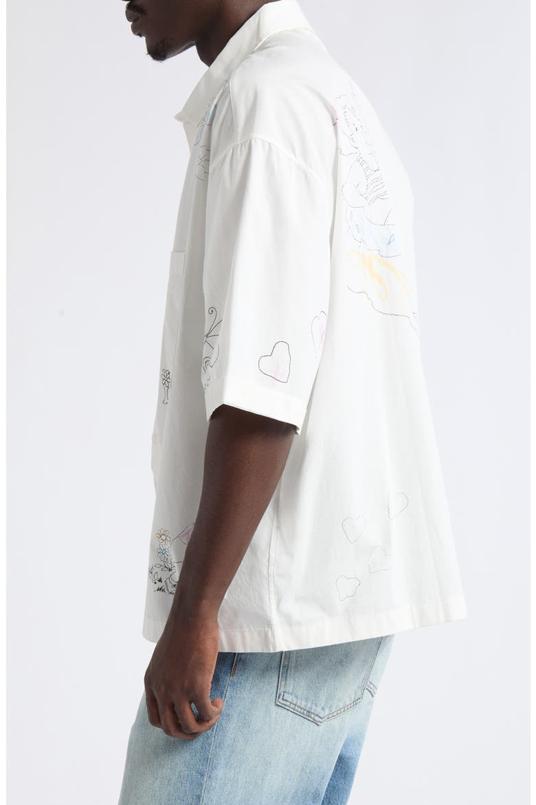 Oversize Scribble Short Sleeve Cotton Poplin Button-Up Shirt, Alternate, color, WHITE POPLIN