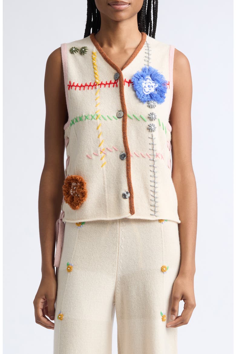 Daisy Check Embroidered Wide Leg Pants, Main, color, ALMOND/ CHALK
