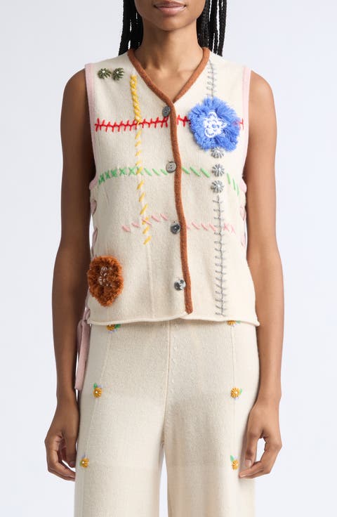 Daisy Check Embroidered Wide Leg Pants