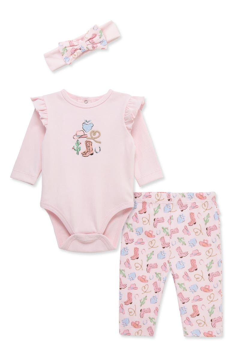 Little Me Western Bodysuit, Leggings & Headband Set, Alternate, color, Pink