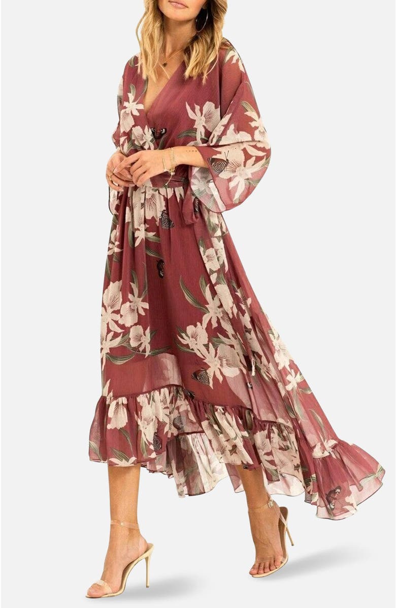 Yumi Floral Print Midi Wrap Dress, Alternate, color, Rose Pink