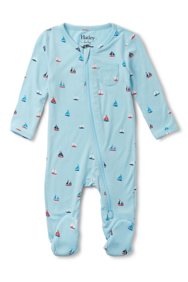 Tiny Sailboats Jersey Zip Footie, Main, color, BLUE