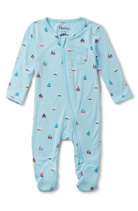 Tiny Sailboats Jersey Zip Footie (Baby)