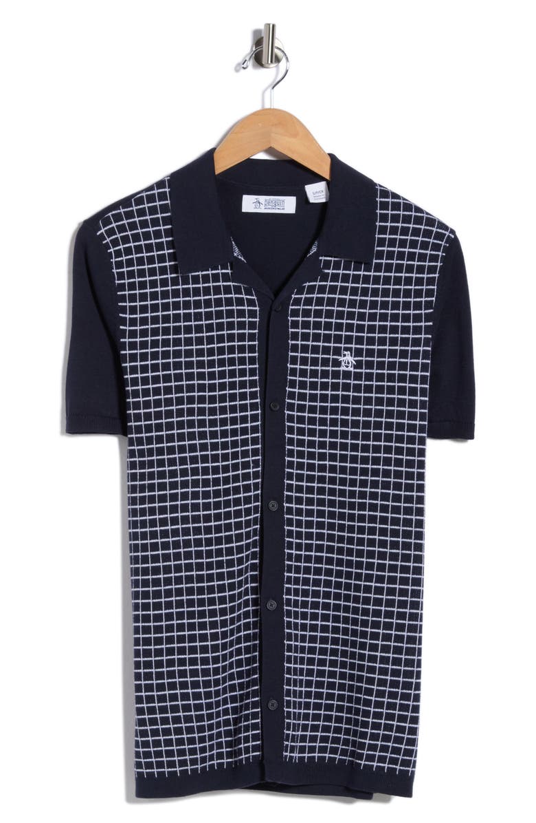 Original Penguin Grid Chainstitched Knit Camp Shirt, Main, color, Dark Sapphire