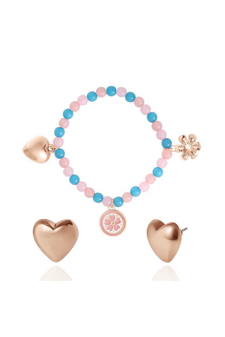 Kids Pastel Beaded Bracelet & Heart Earrings Set, Main, color, pink , blue, gold