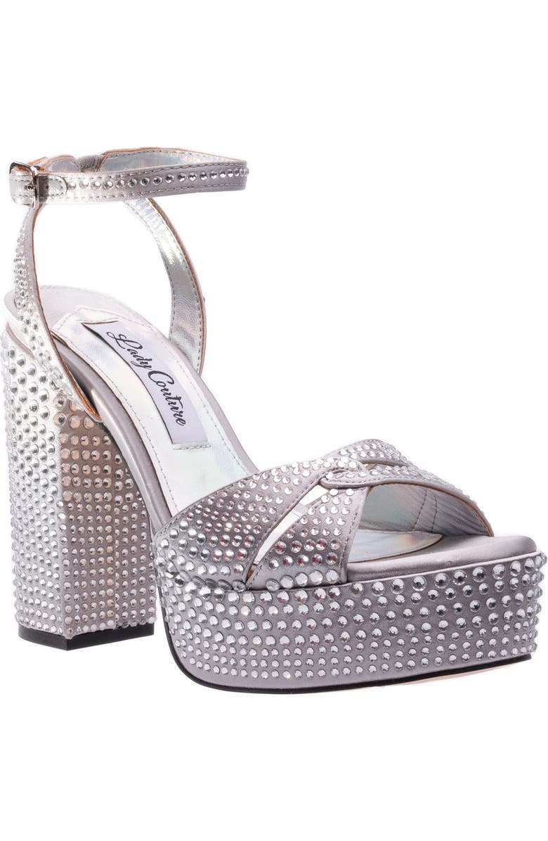 LADY COUTURE Rhinestone Platform Ankle Strap Sandal, Main, color, Silver