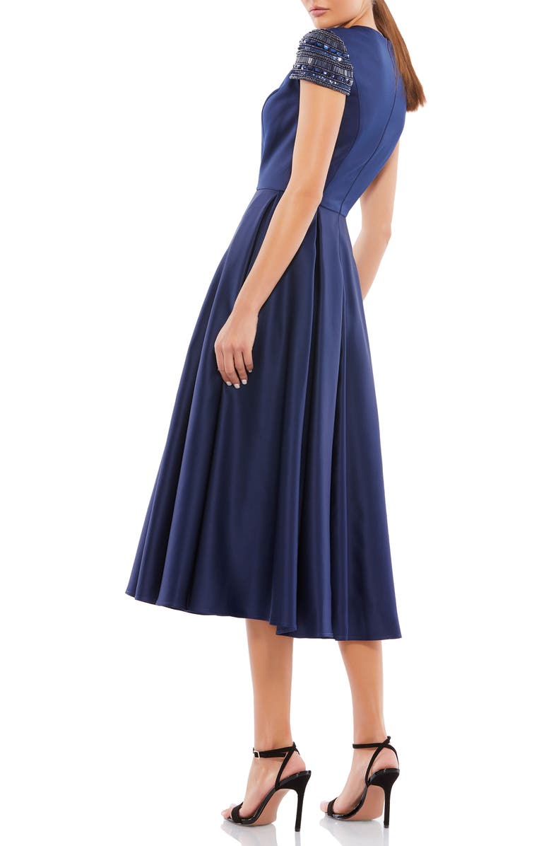 Mac Duggal High Neck Cap Sleeve Tea Length Dress, Alternate, color, Midnight