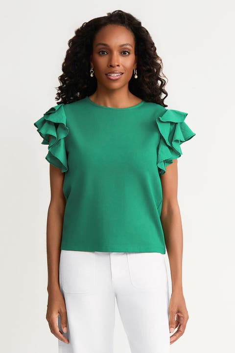 Family Savvy Flutter Sleeve Mixed-Media Top