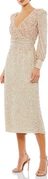 Mac Duggal Sequined V Neck Bishop Sleeve Dress